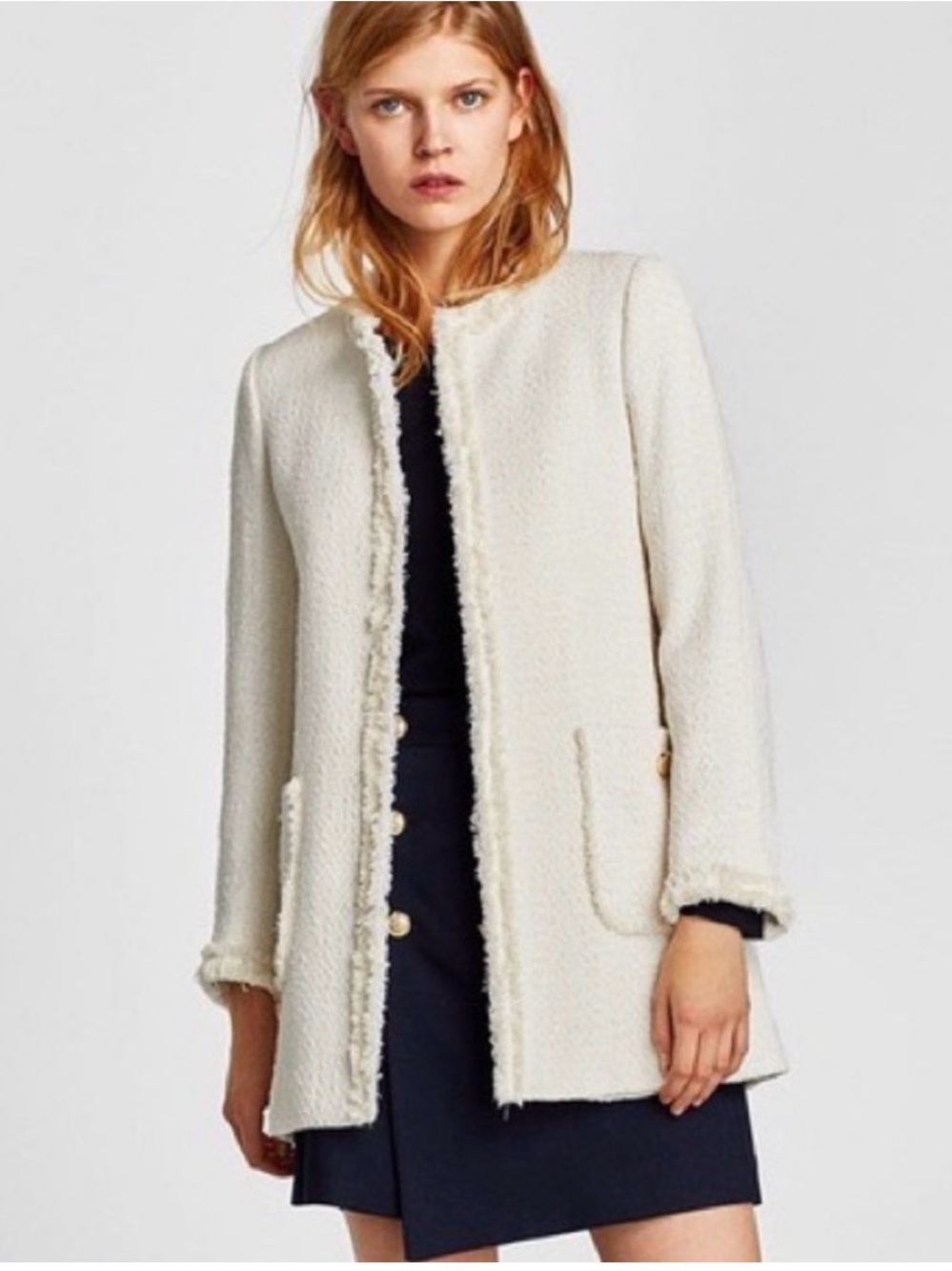 Zara Textured Tweed Frock Longline Coat